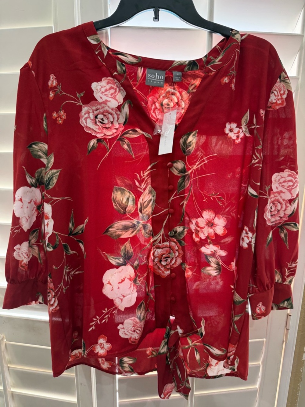 NWT - Soho Red Floral Tie-Front Blouse